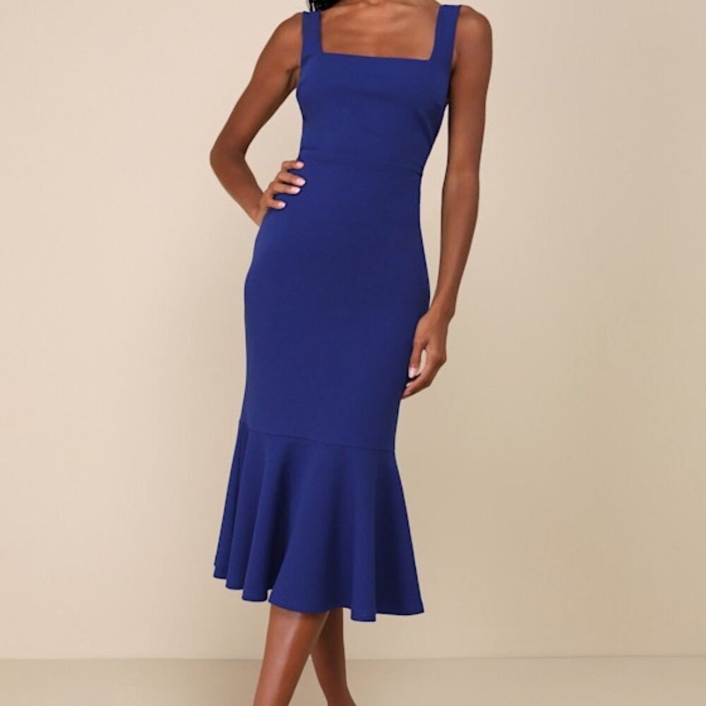 NWT Lulus Moment Maker Cobalt Blue Square Neck Trumpet Midi Dress - Size S
